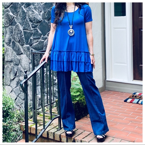 ROYAL BLUE LAYERED HEM SHORT SLEEVES TUNIC TOP - Picture 11 of 13